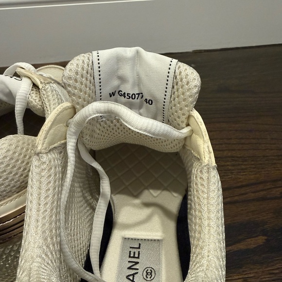 CHANEL Cream & Beige CC Logo Mesh Leather Sneakers - Picture 8 of 14